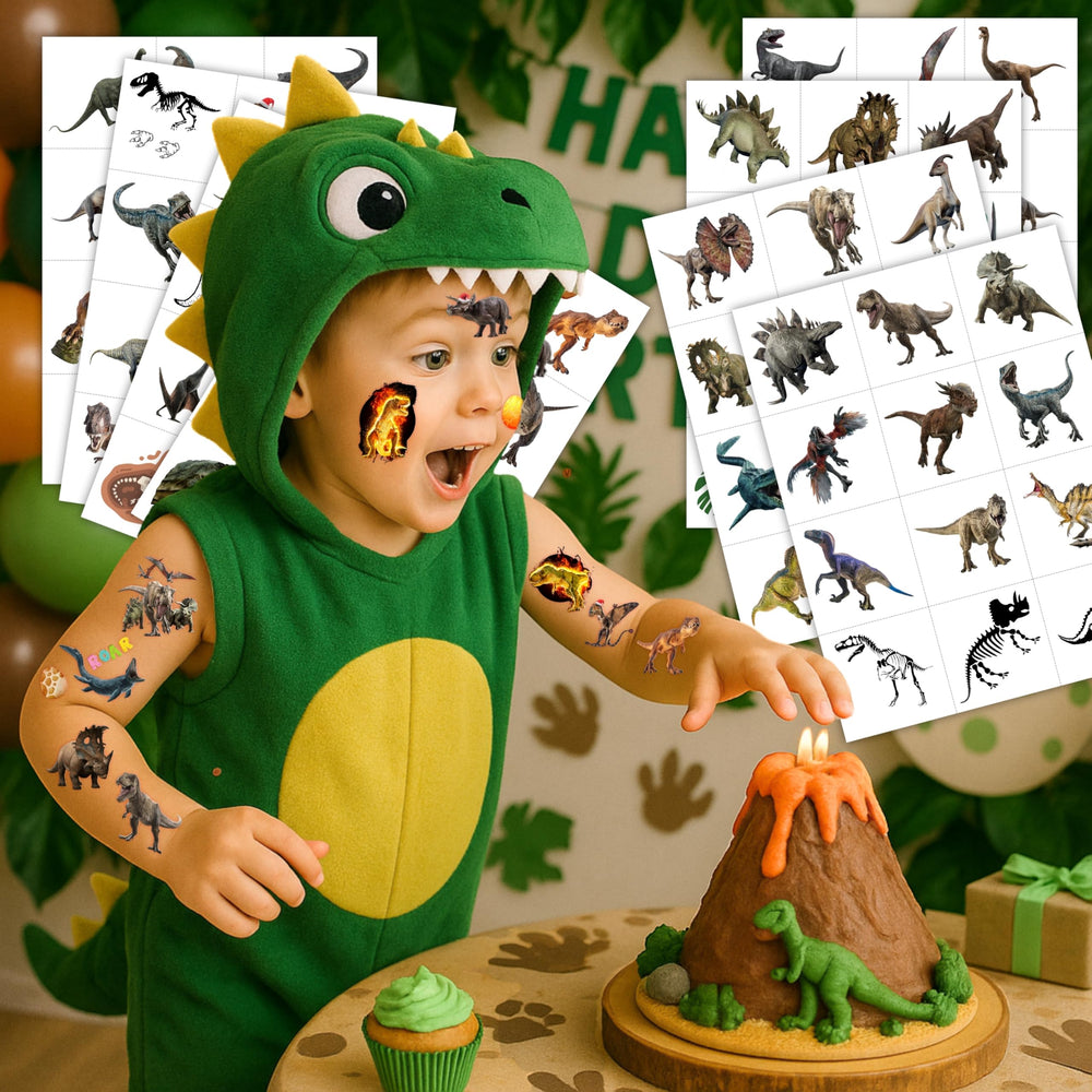 Hojas precortadas con diseños variados de dinosaurio 3D para manualidades y regalos.