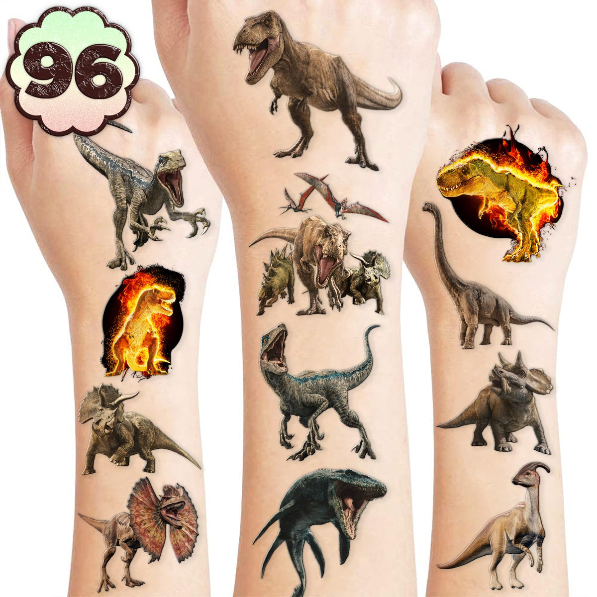 Tatuajes Dinosaurio 3D precortados, paquete de 96 diseños, ideal para fiestas infantiles.