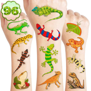 Tatuajes lagartija pre-cortados para fiestas, ideales en cuadernos y botellas.