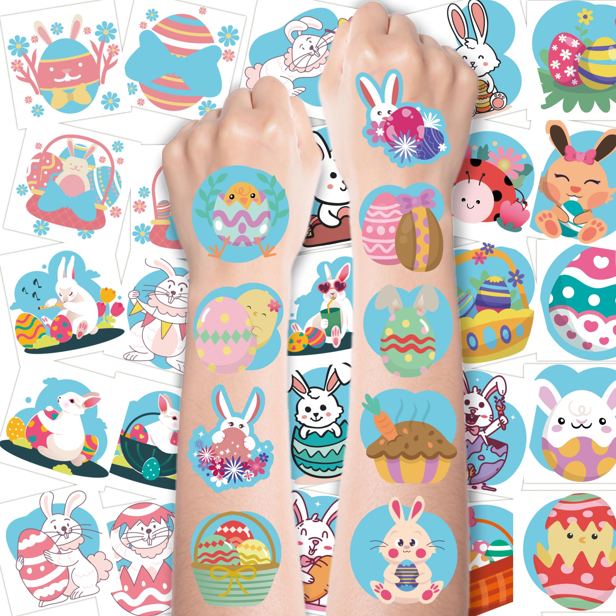 Tatuajes temporales MDDRUIQI para Pascua con conejos coloridos, ideal para fiestas.