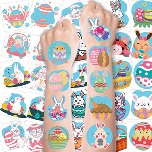 Tatuajes temporales MDDRUIQI para Pascua con conejos coloridos, ideal para fiestas.