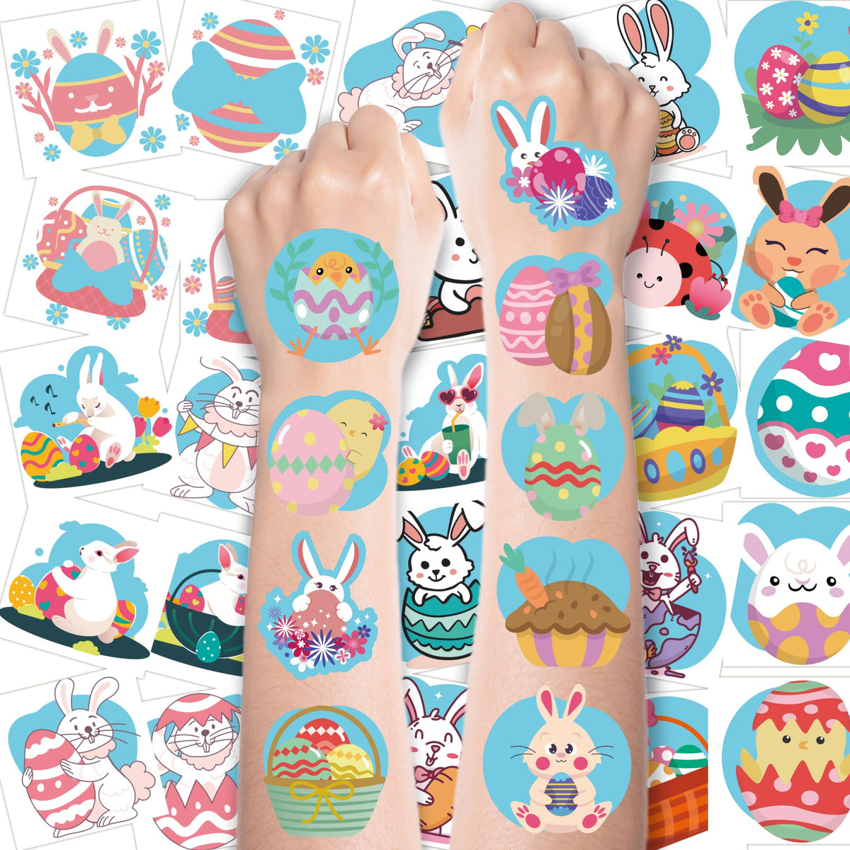 Tatuajes temporales MDDRUIQI para Pascua con conejos coloridos, ideal para fiestas.
