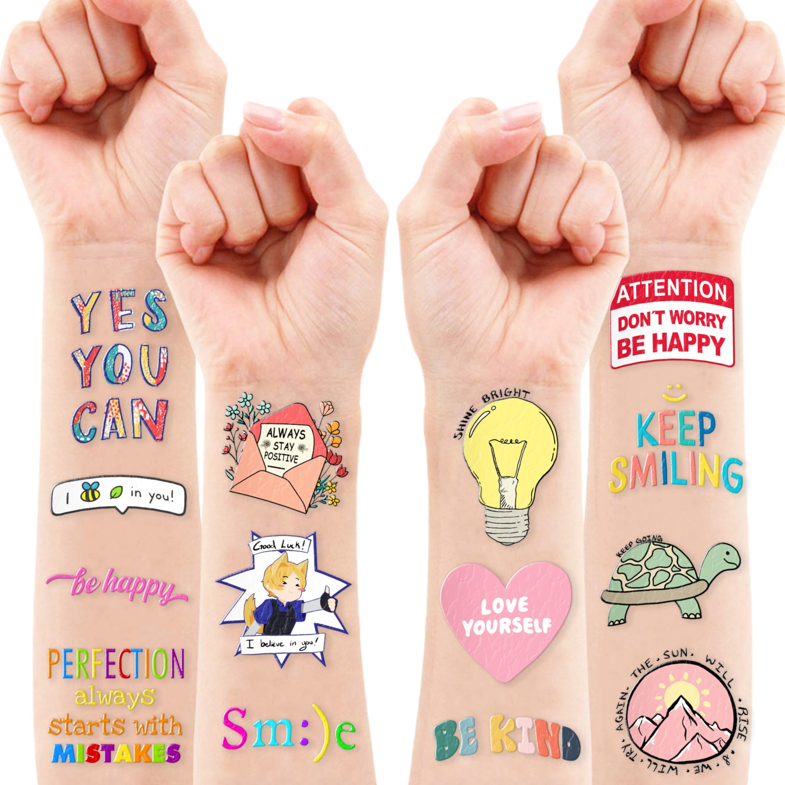 Tatuajes motivacionales pre-cortados en 96 piezas, ideales para toda la familia.