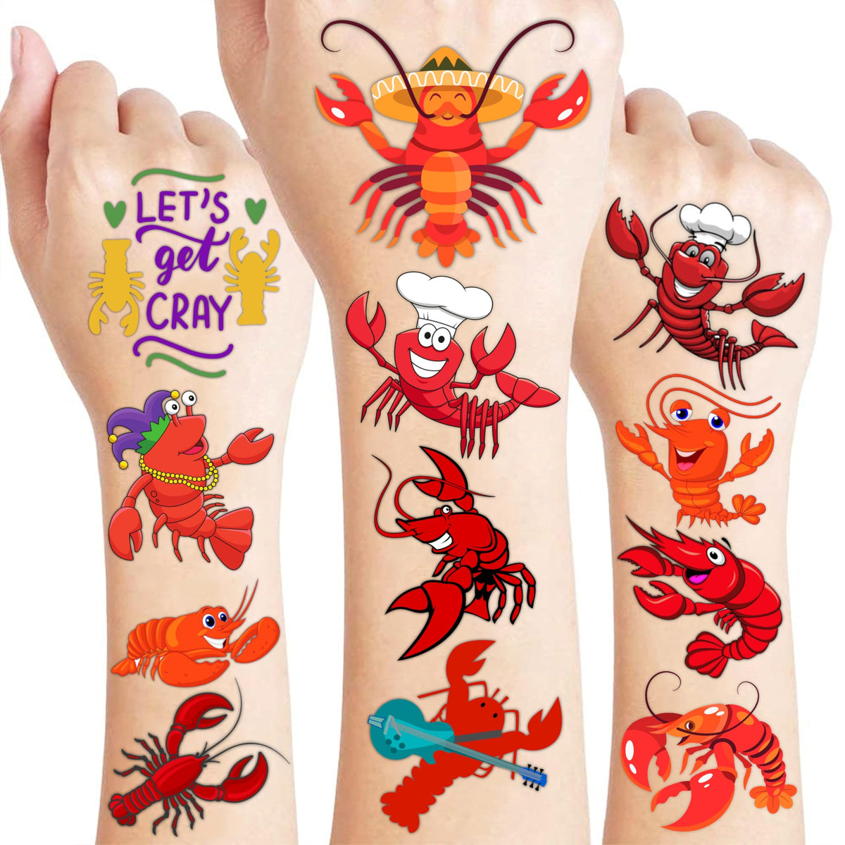 Tatuajes temporales Crawfish: 96 unidades para fiestas divertidas y coloridas.