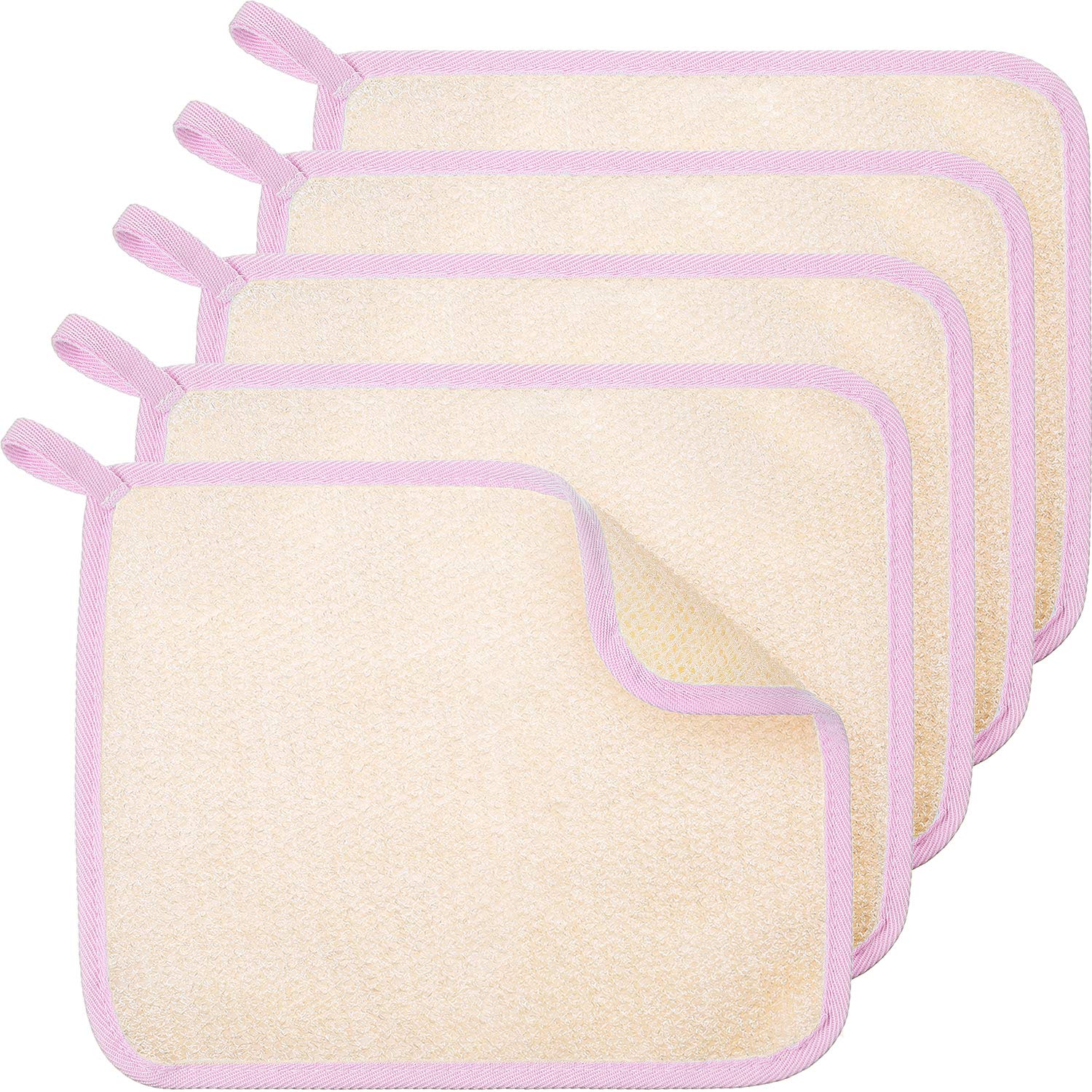 Tatuo paño exfoliante para rostro y cuerpo, borde rosa, limpieza suave y renovación de la piel.