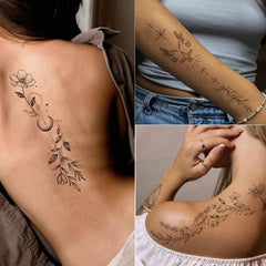 Tazimi tatuajes temporales clavícula floral, estilo negro suave.