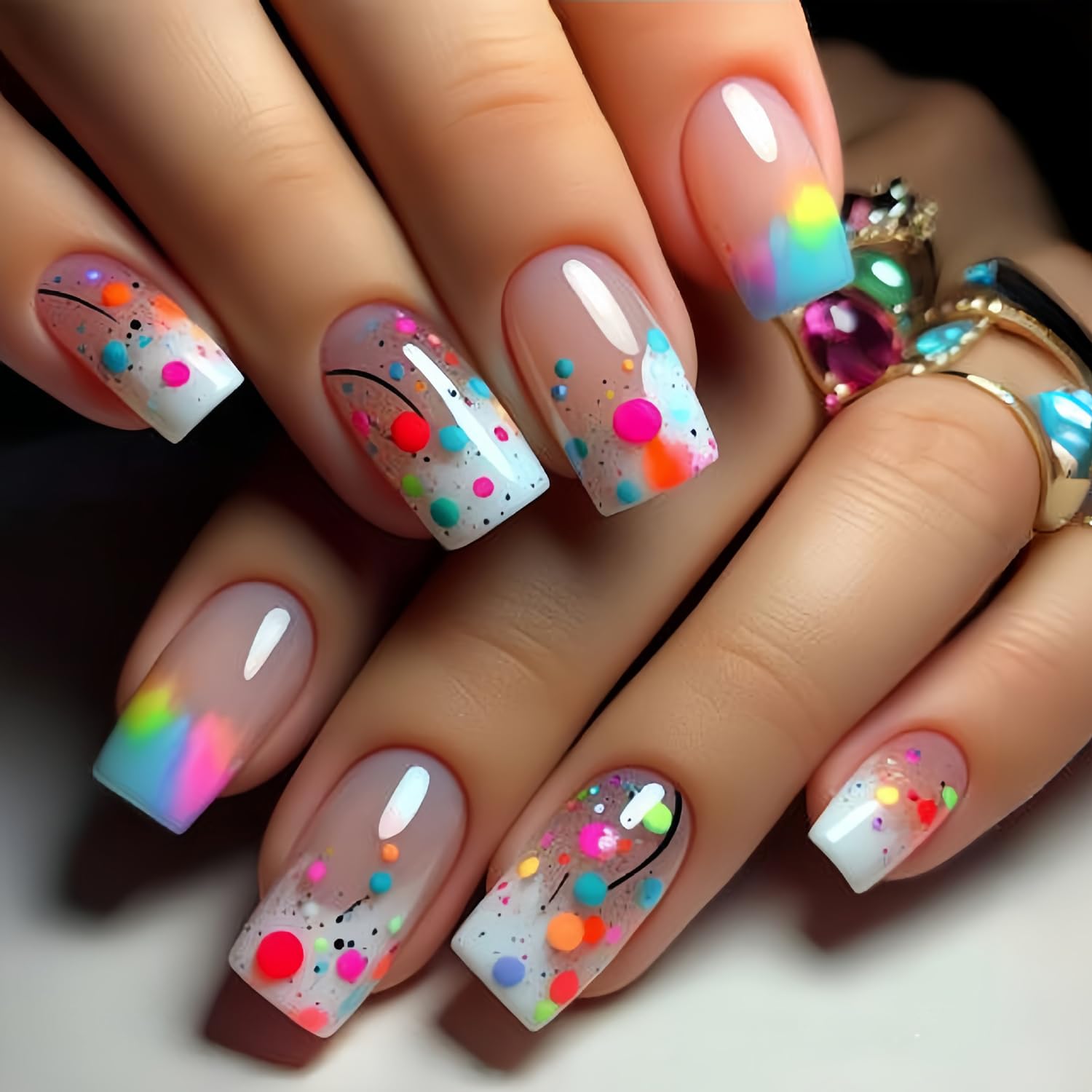 Uñas postizas TBRZTR, media longitud cuadrada, gradiente colorido para una apariencia llamativa.