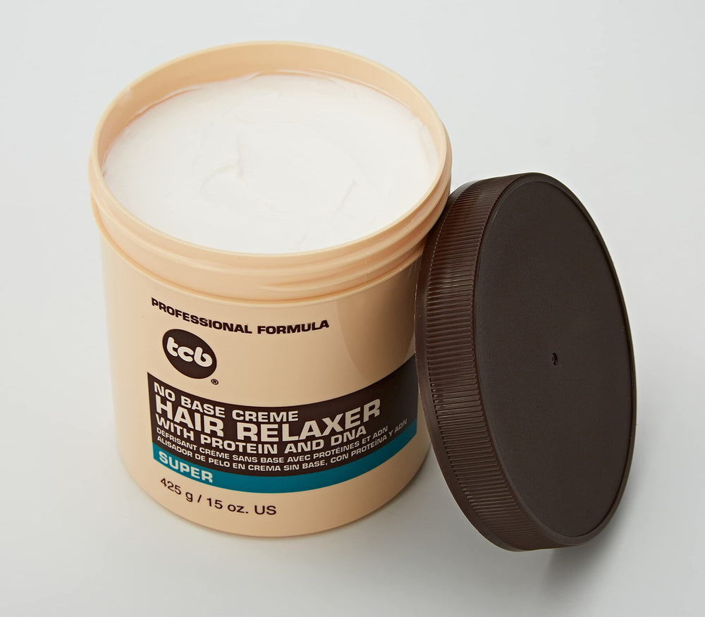 TCB Relajante sin base crema para cabello, caja con dimensiones compactas.