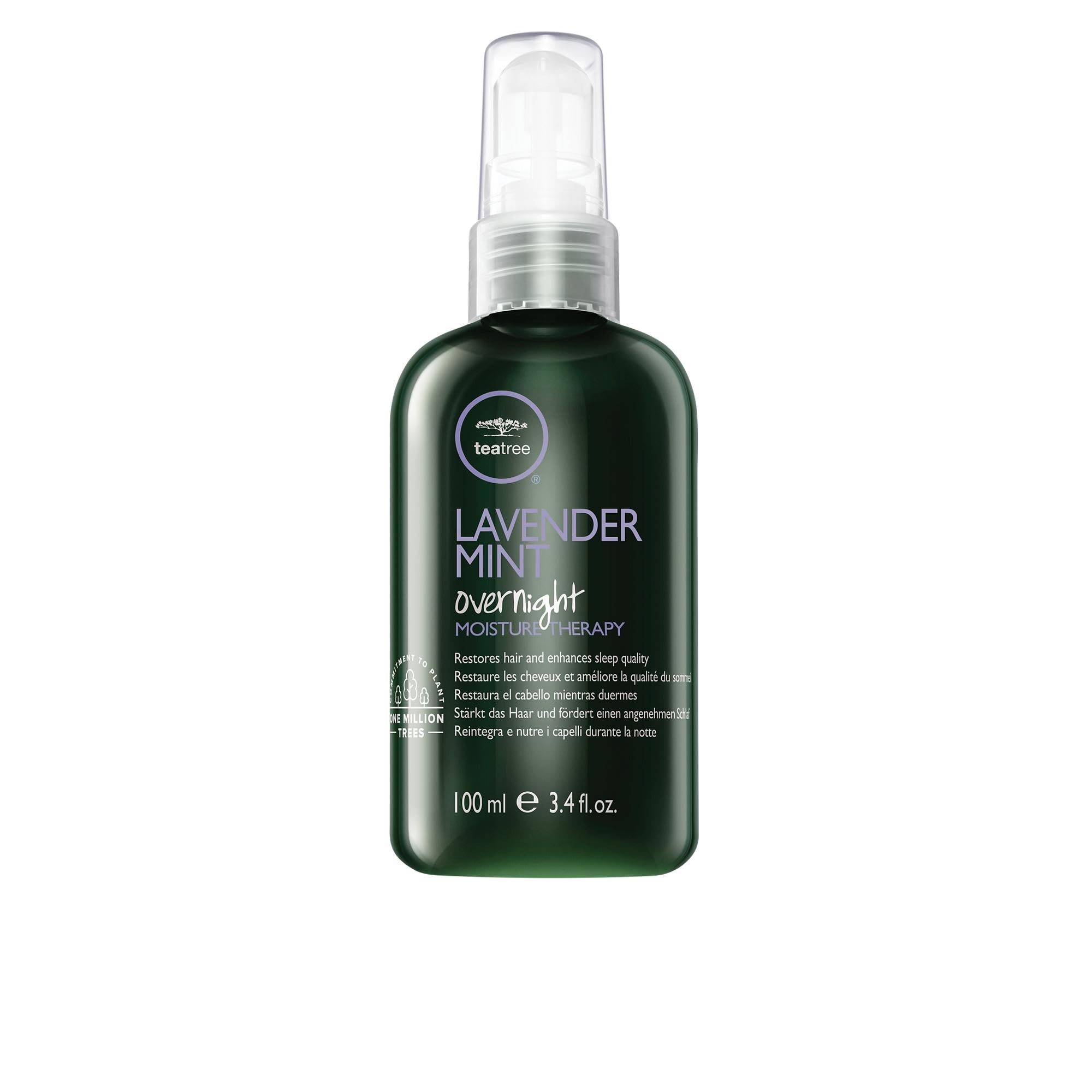 Tea Tree Lavender Mint en botella muestra cuidado nocturno para cabello dañado.