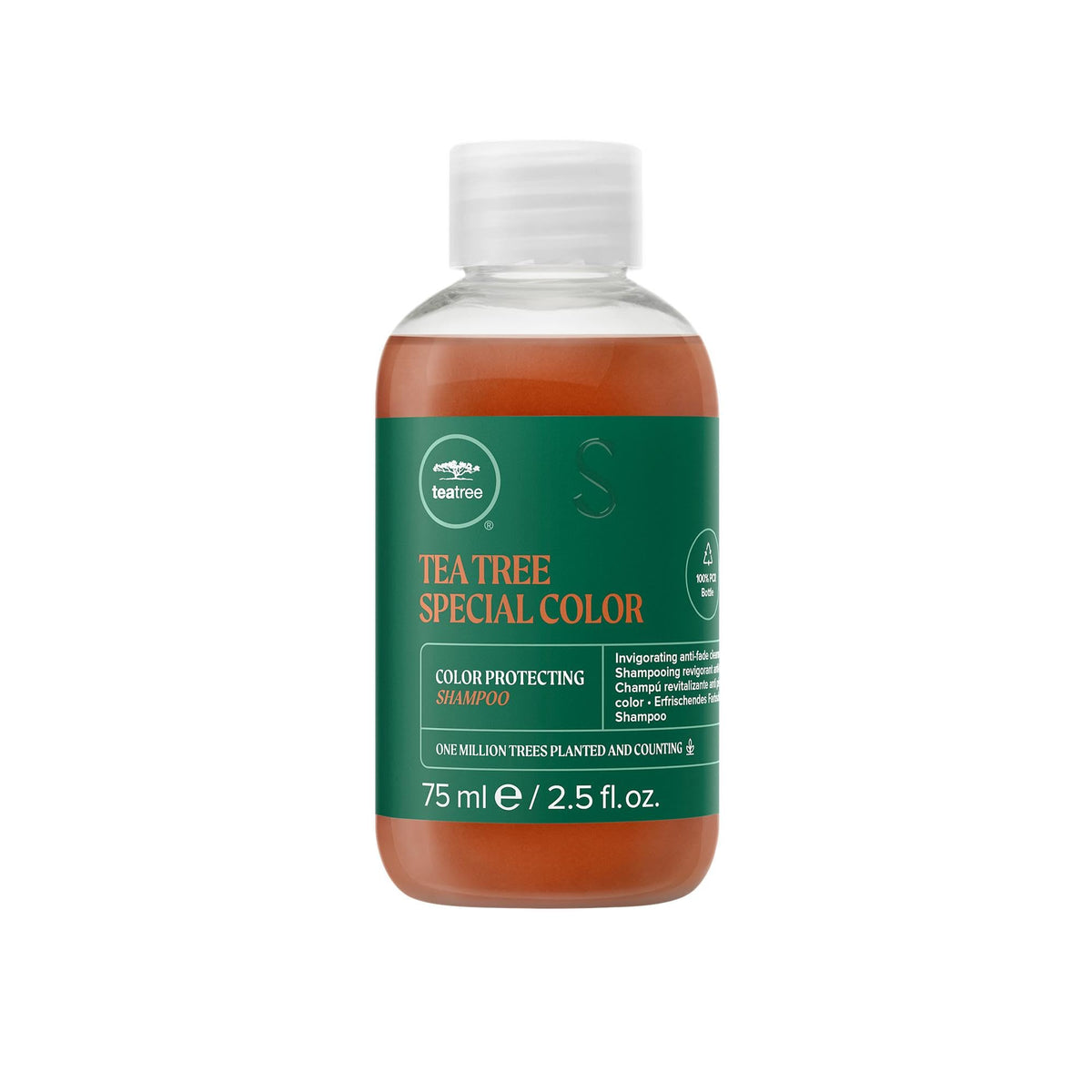Champú Tea Tree Special Color botella: limpieza suave que protege el color del cabello teñido.