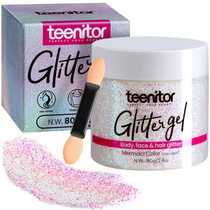 Teenitor Glitter corporal blanco holográfico en botella, brillo duradero para piel.