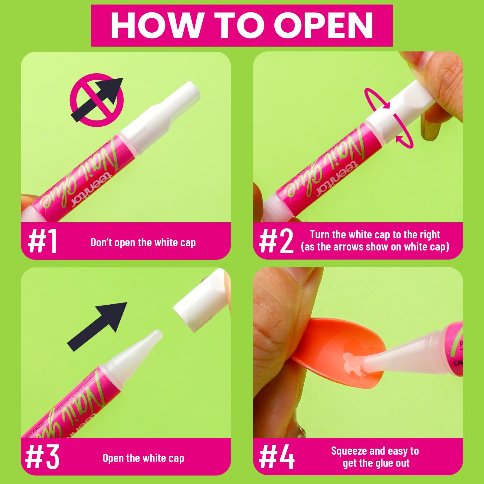 Demostración de aplicación de Teenitor en uñas para fijación precisa.