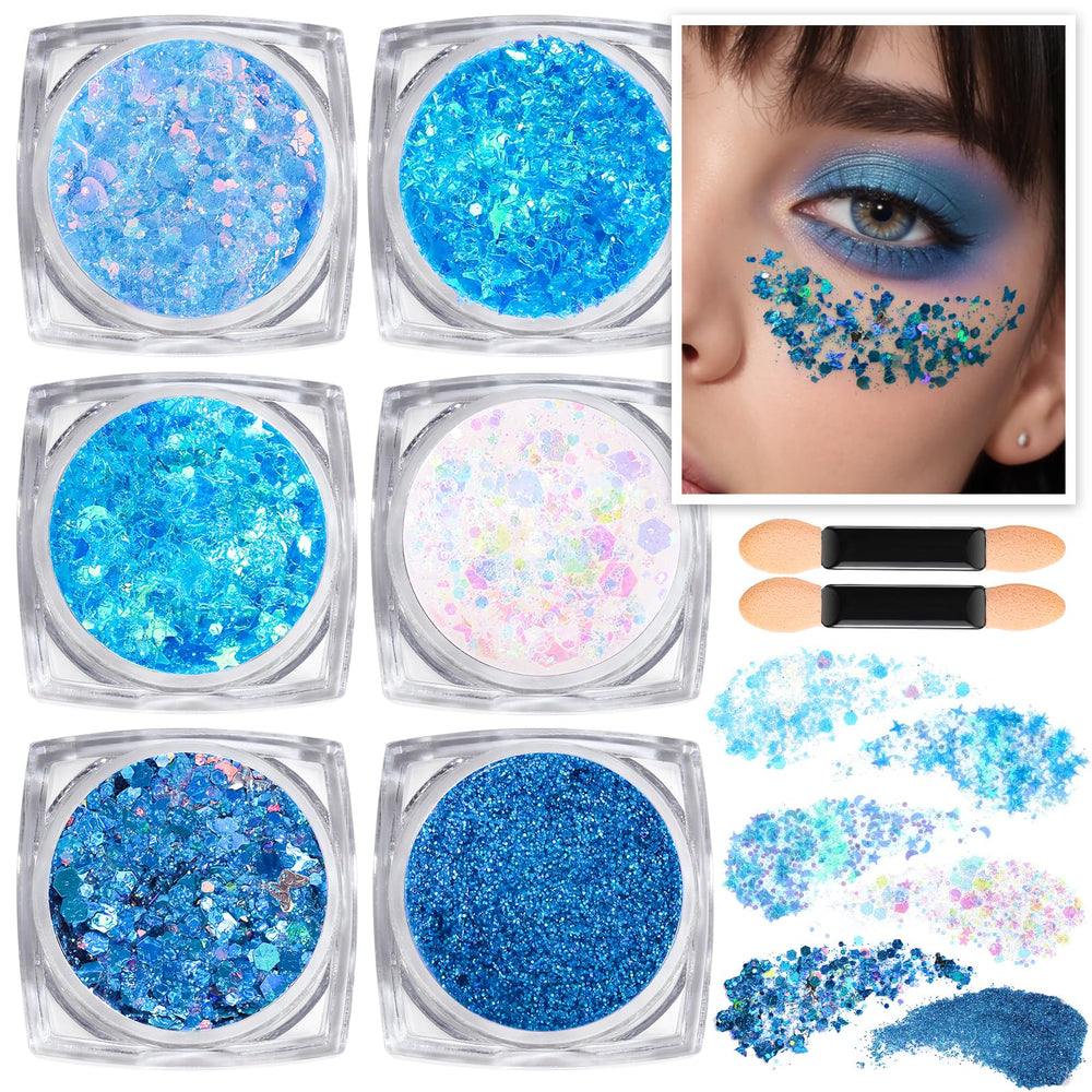 Teenitor glitter azul para cara y cuerpo con 6 formas para looks festivos.