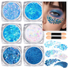 Teenitor glitter azul para cara y cuerpo con 6 formas para looks festivos.