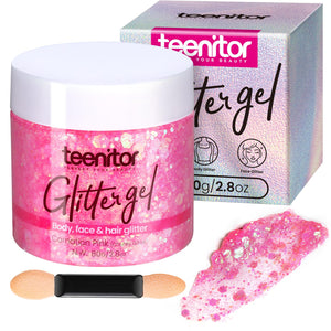 Teenitor Glitter Rosa para cara y cuerpo, brillo duradero para festivales.