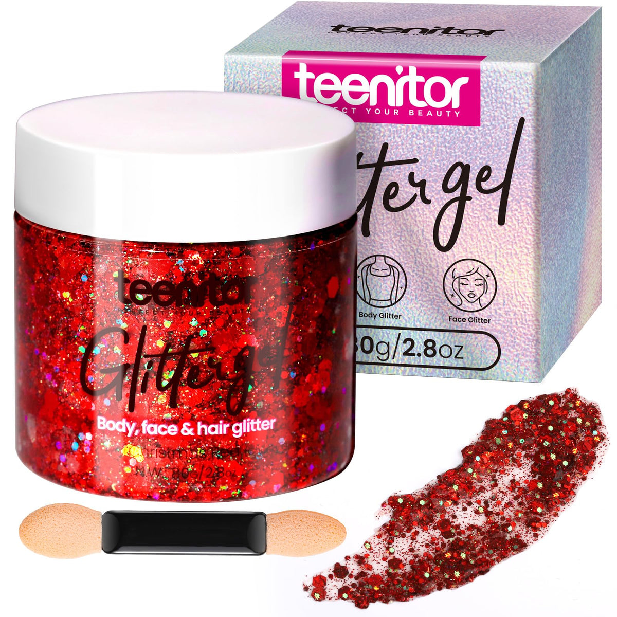 Teenitor purpurina roja en bote de 80 g, brillo intenso para rostro y cuerpo.