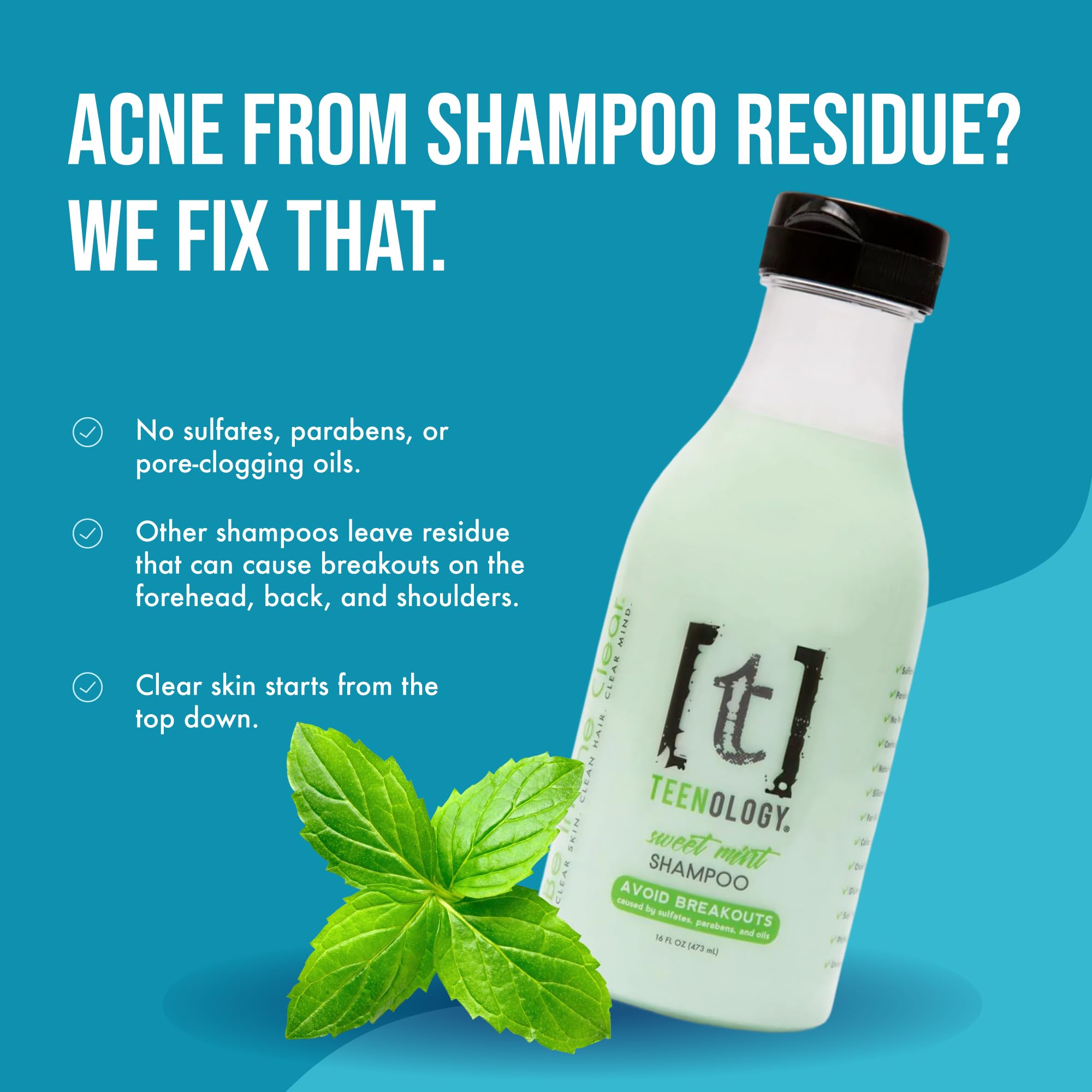 Teenology Teen Shampoo espuma cremosa de menta para cabello limpio.