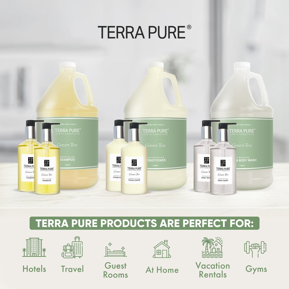 Terra Pure galón de acondicionador y botellas, presentación elegante para huéspedes