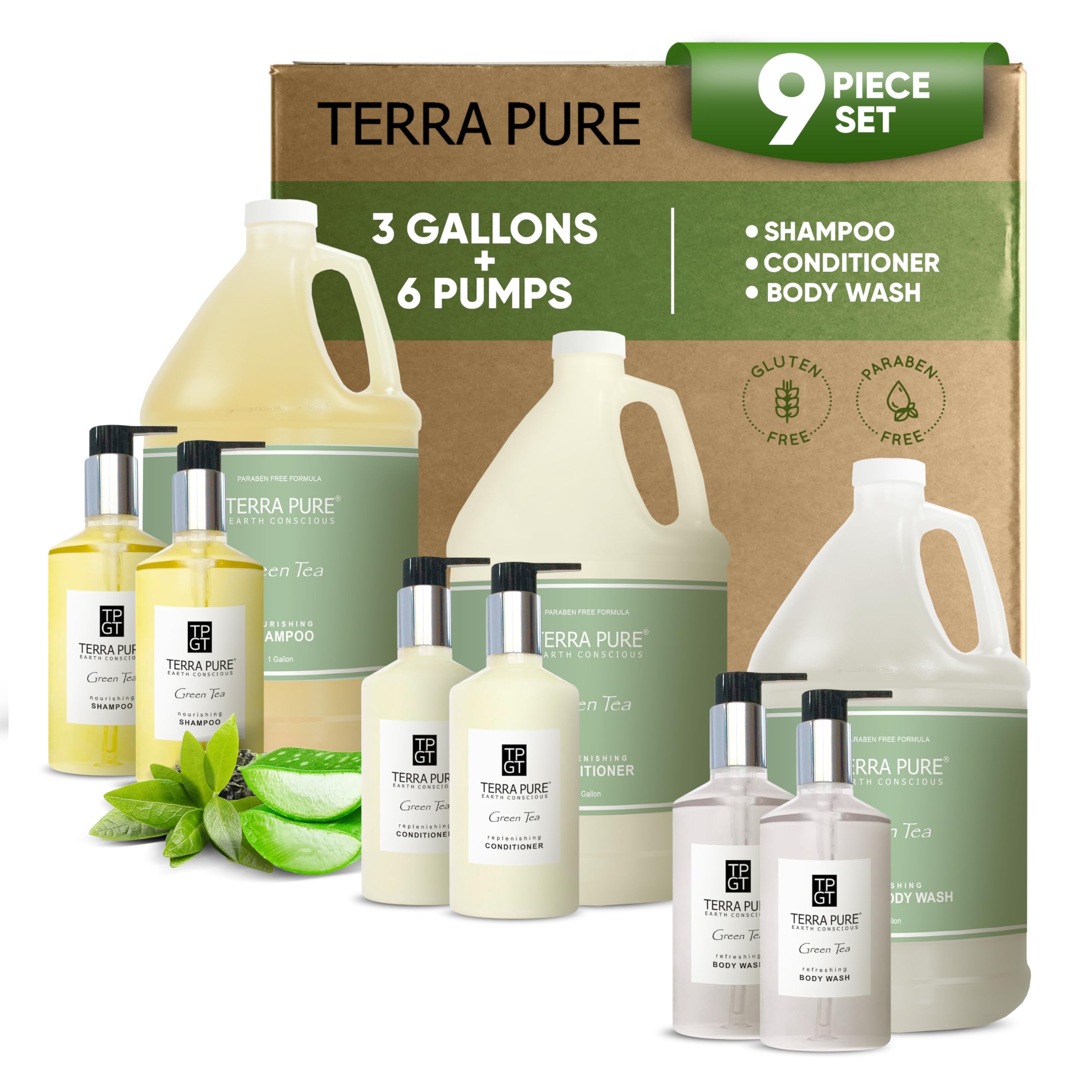 Terra Pure galón de champú y botellas, experiencia de lujo para hoteles