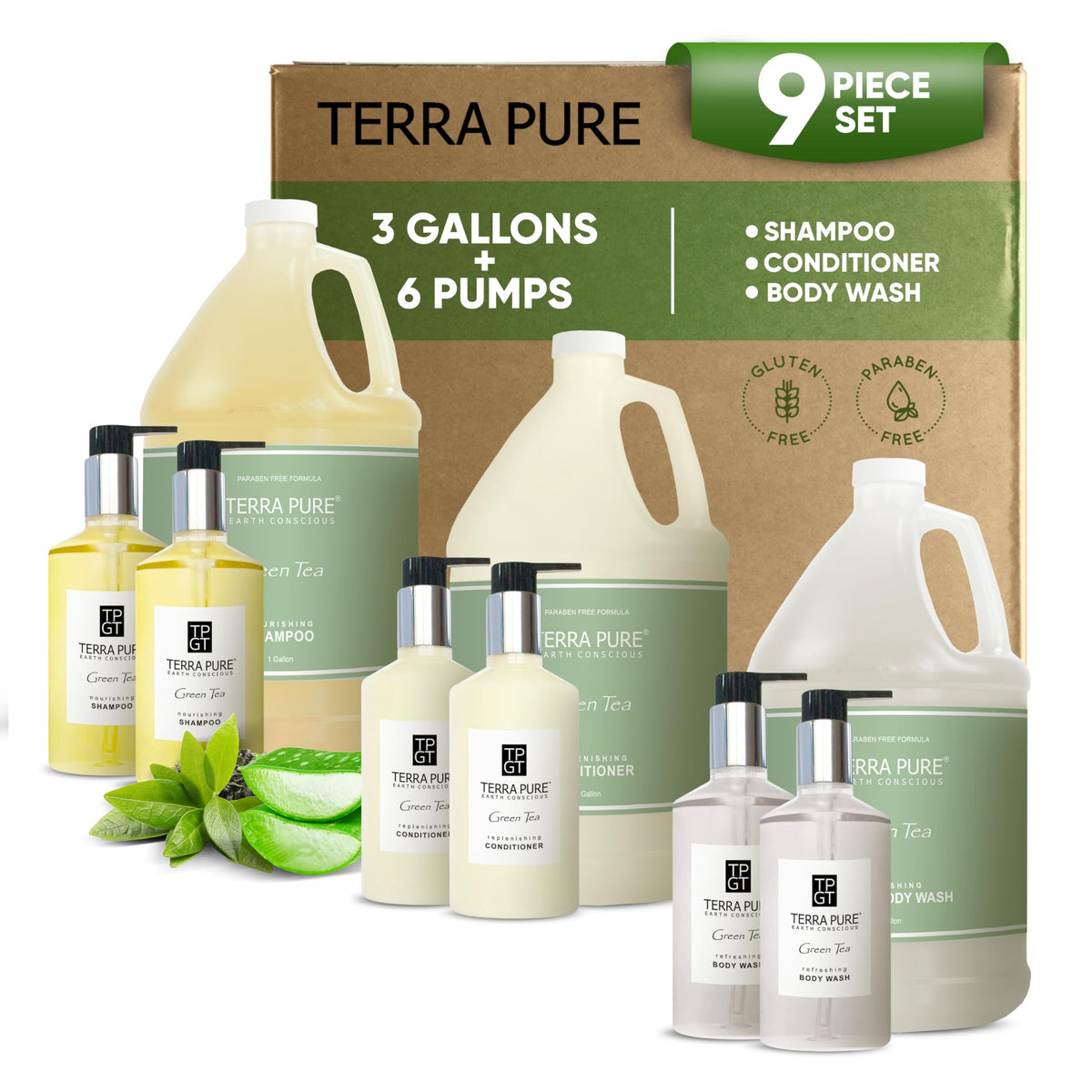 Terra Pure galón de champú y botellas, experiencia de lujo para hoteles