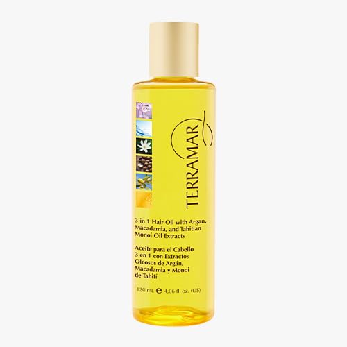 Terramar Aceite 3-en-1 para cabello en botella, ideal para hidratación diaria.