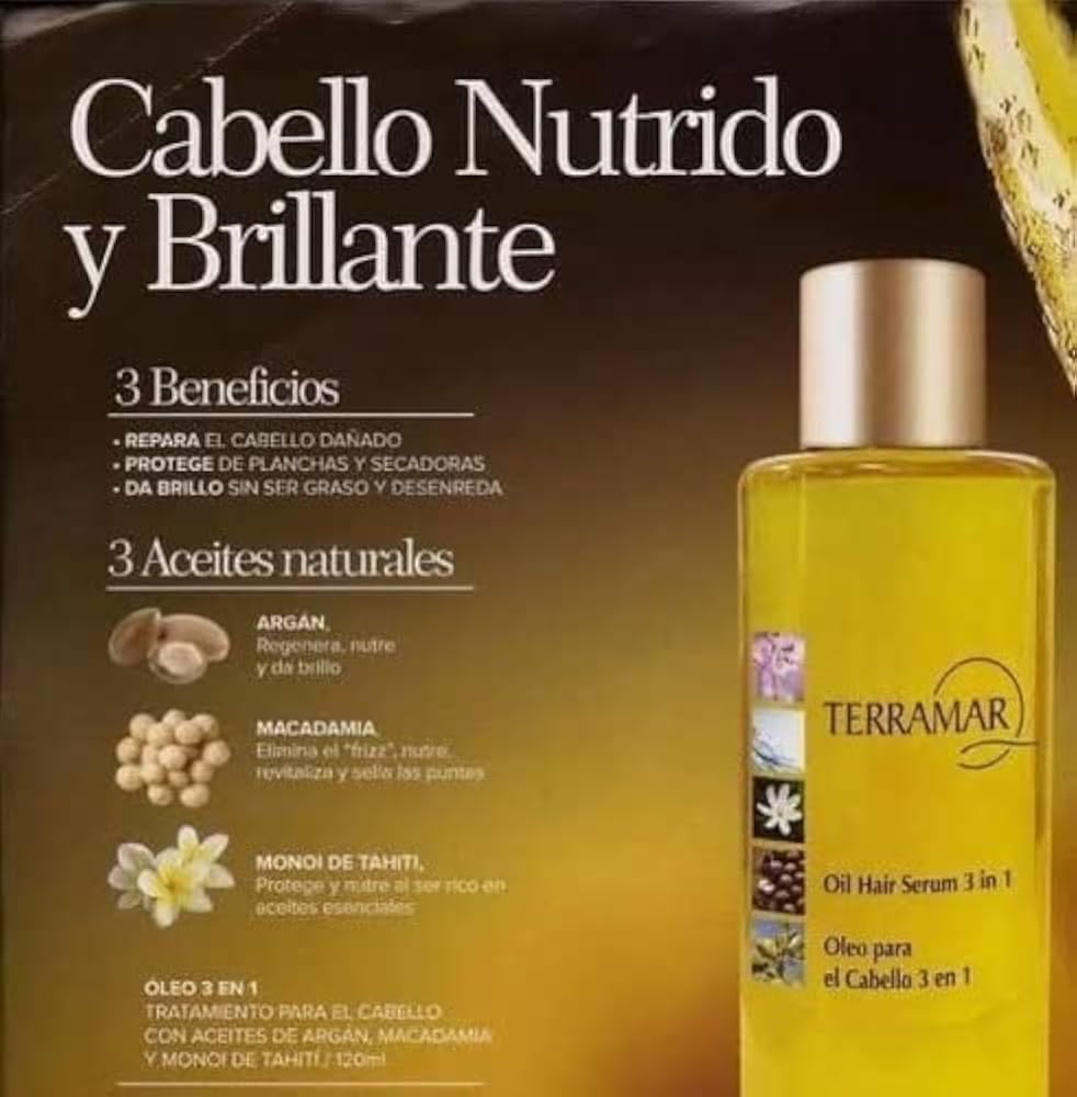Terramar Aceite 3-en-1, textura ligera sin residuo graso.
