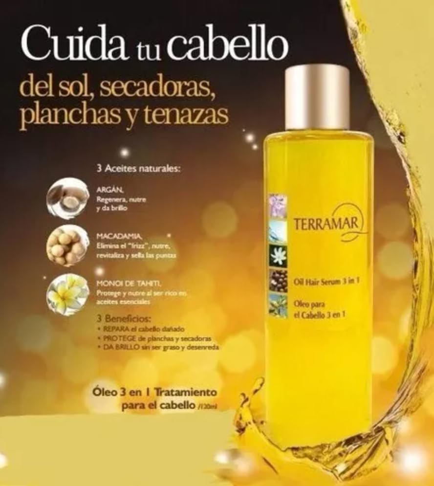 Terramar mano aplicando aceite para hidratación rápida del cabello.
