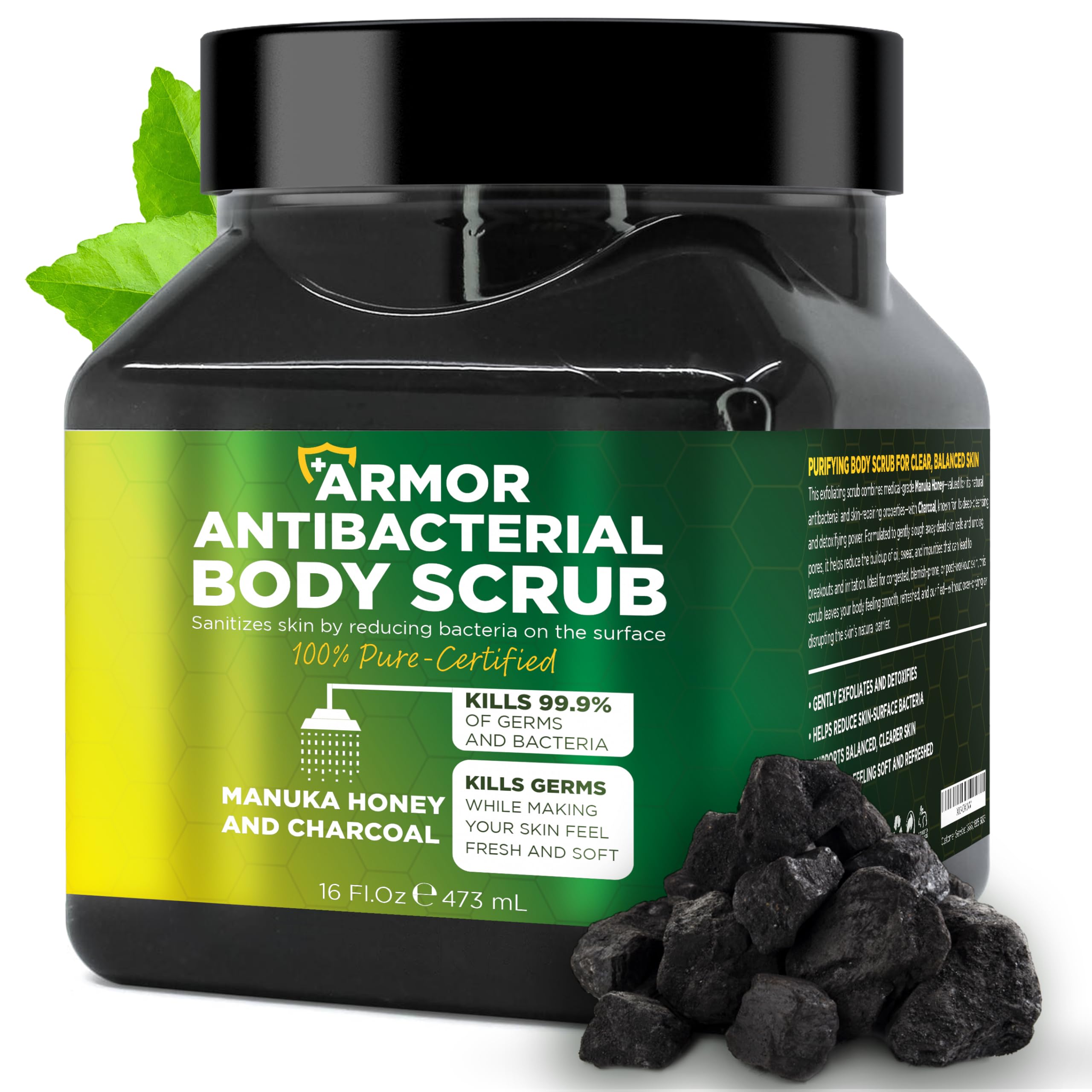 Terramed Just Think Comfort exfoliante corporal antibacterial con miel de Manuka y carbón en frasco, uso diario.