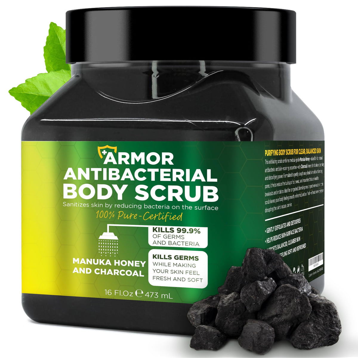 Terramed Just Think Comfort exfoliante corporal antibacterial con miel de Manuka y carbón en frasco, uso diario.