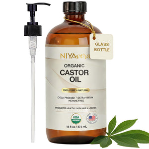 Terravera Niyavera: botella ambar con bomba para aplicar aceite de ricino con precisión.