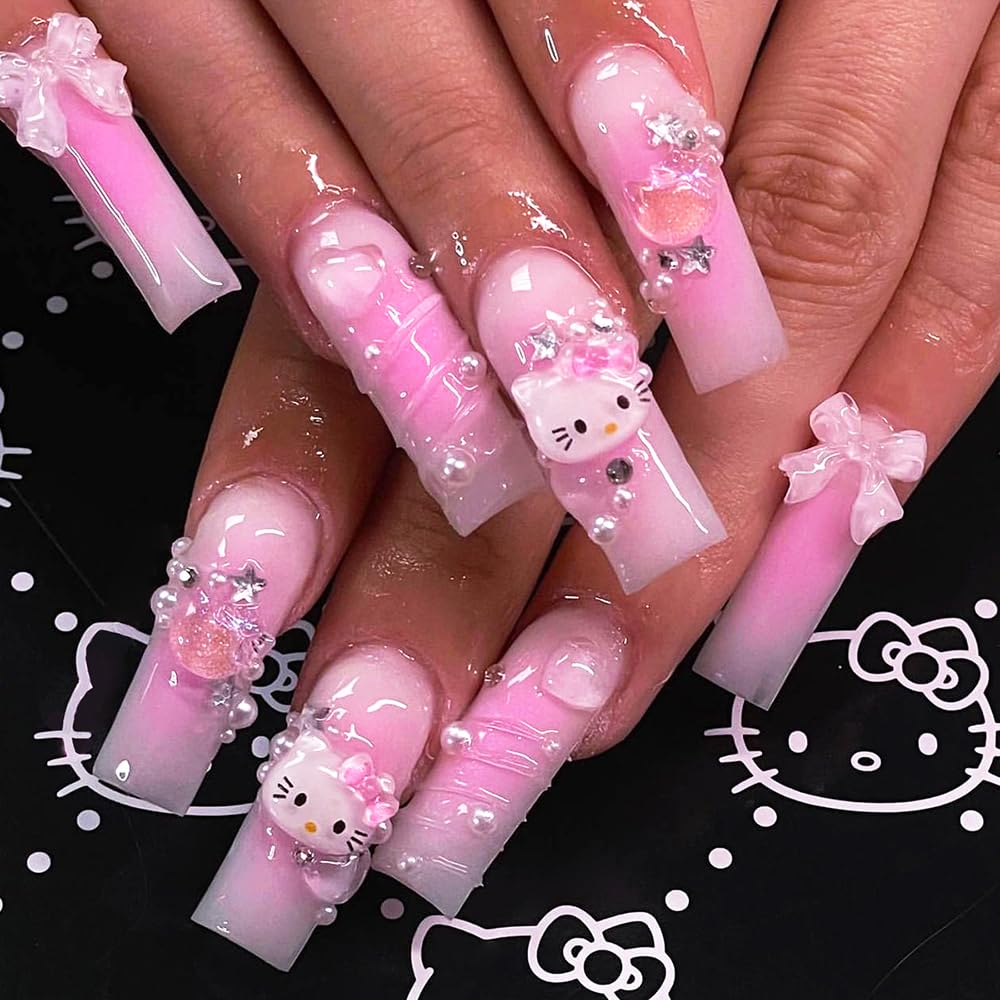 Tezocr 24Piezas Uñas coffin rosa con corazones y perlas, acabado brillante.
