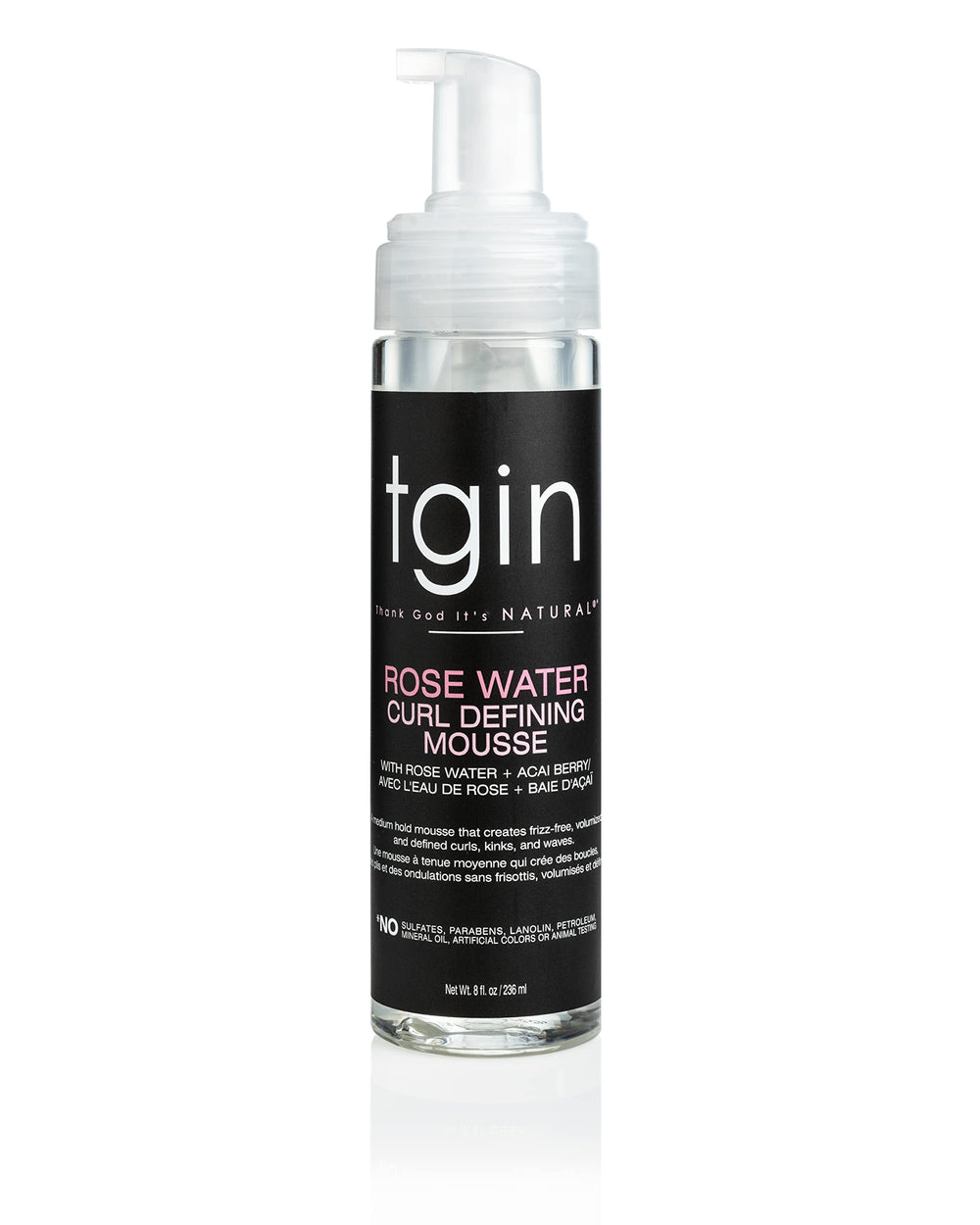 Mousse tgin para definición de rizos con agua de rosa en botella clara.