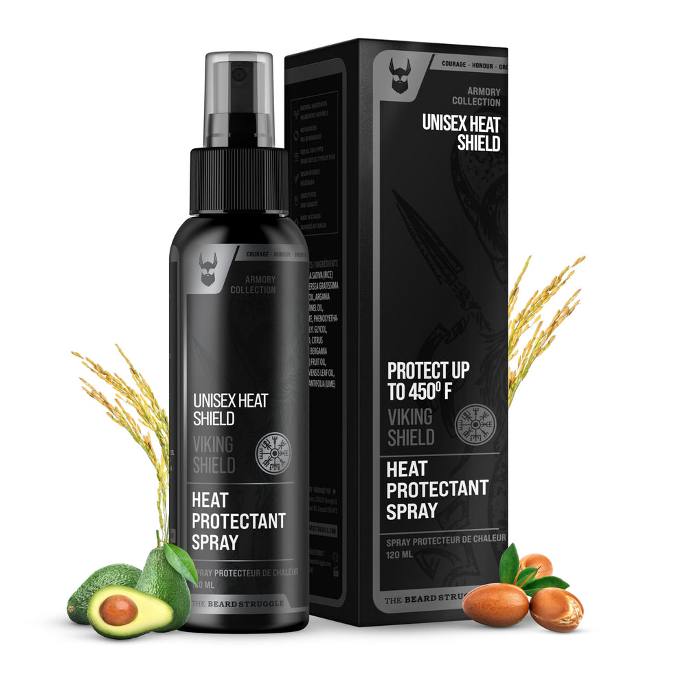 The Beard Struggle Viking Shield botella protege barba y cabello del calor