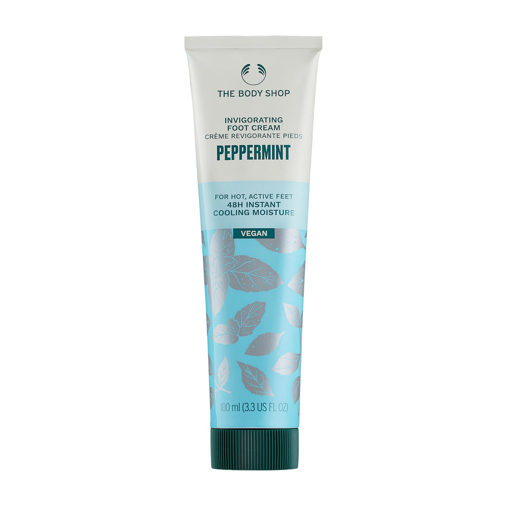 The Body Shop crema para pies menta, bote, sensación refrescante para pies cansados.