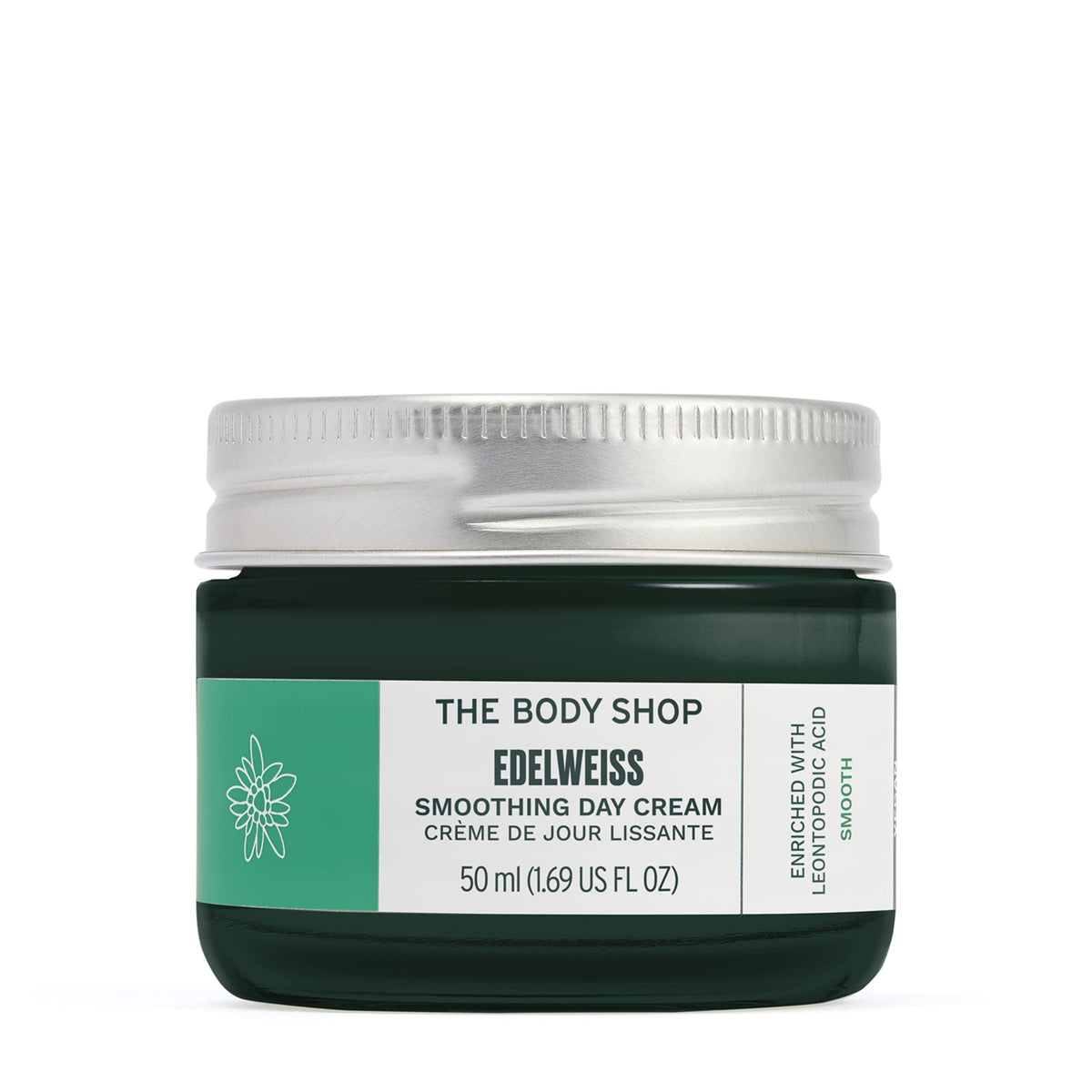The Body Shop Edelweiss Crema de Día en tarro, textura suave para hidratación.