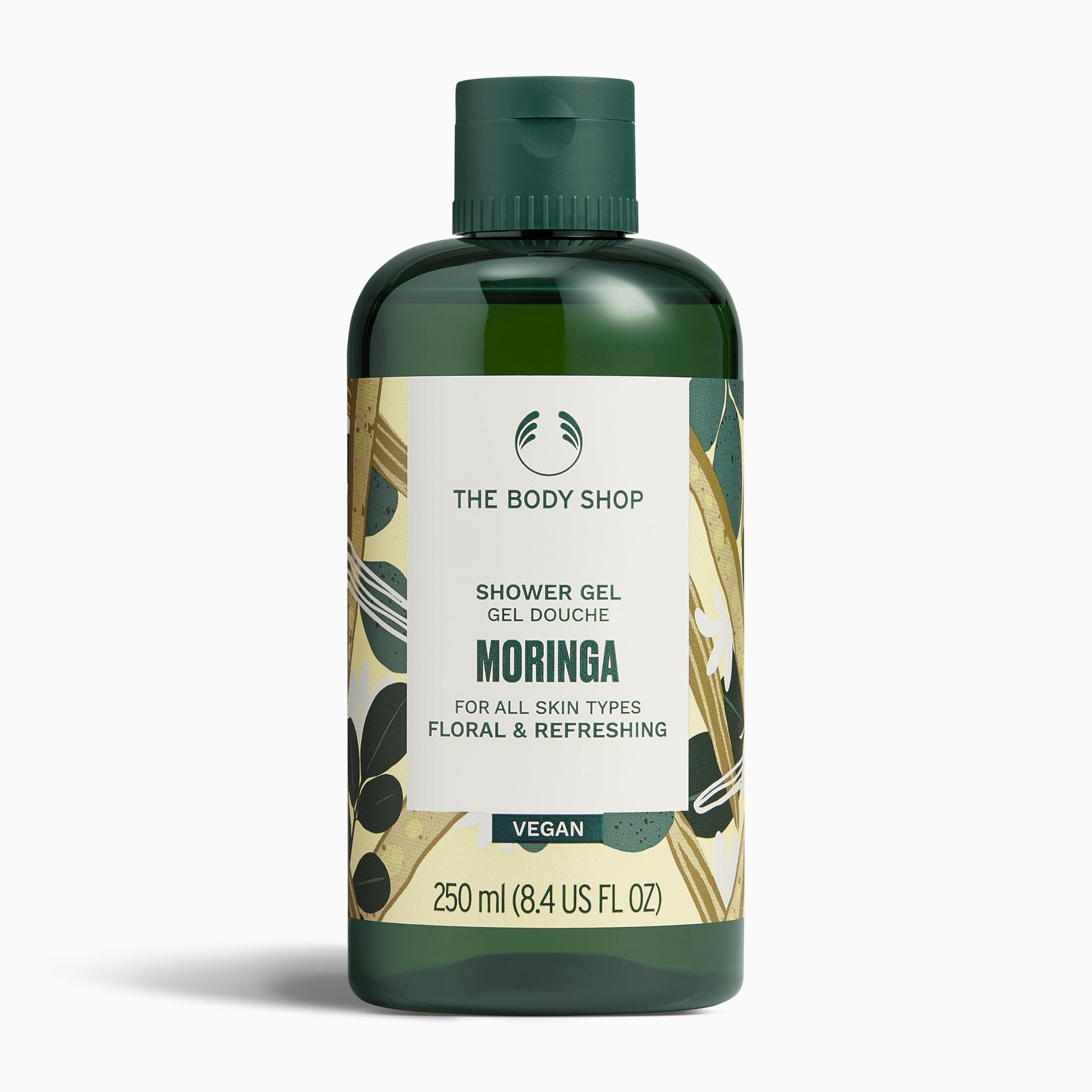 The Body Shop gel de ducha moringa en botella, perfecto para empezar el día con aroma floral.