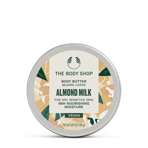 The Body Shop Manteca corporal leche almendra, textura cremosa para hidratación duradera.