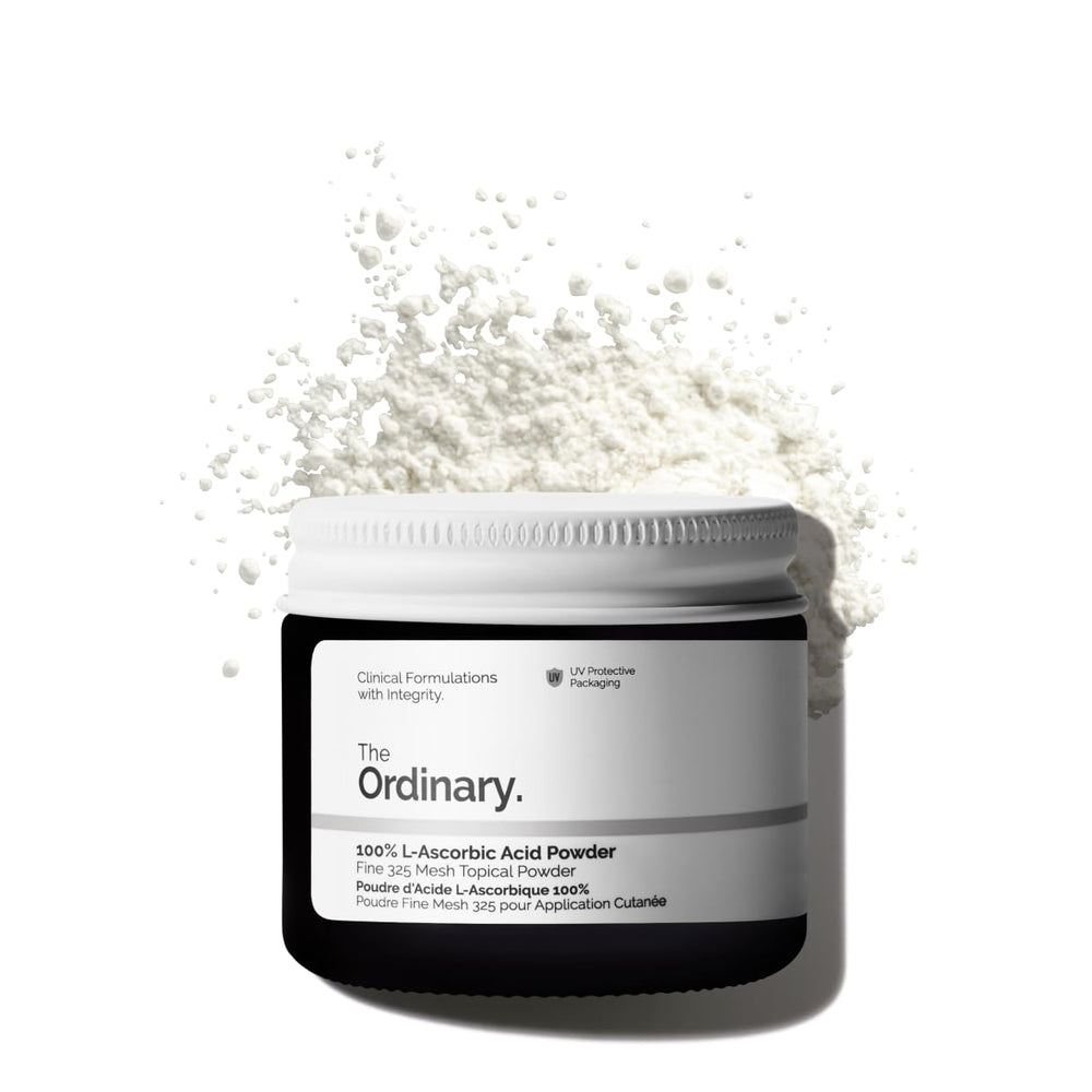 The Ordinary Polvo ácido L-ascórbico envase facilita dosificación y mezcla personalizable para el cuidado facial.