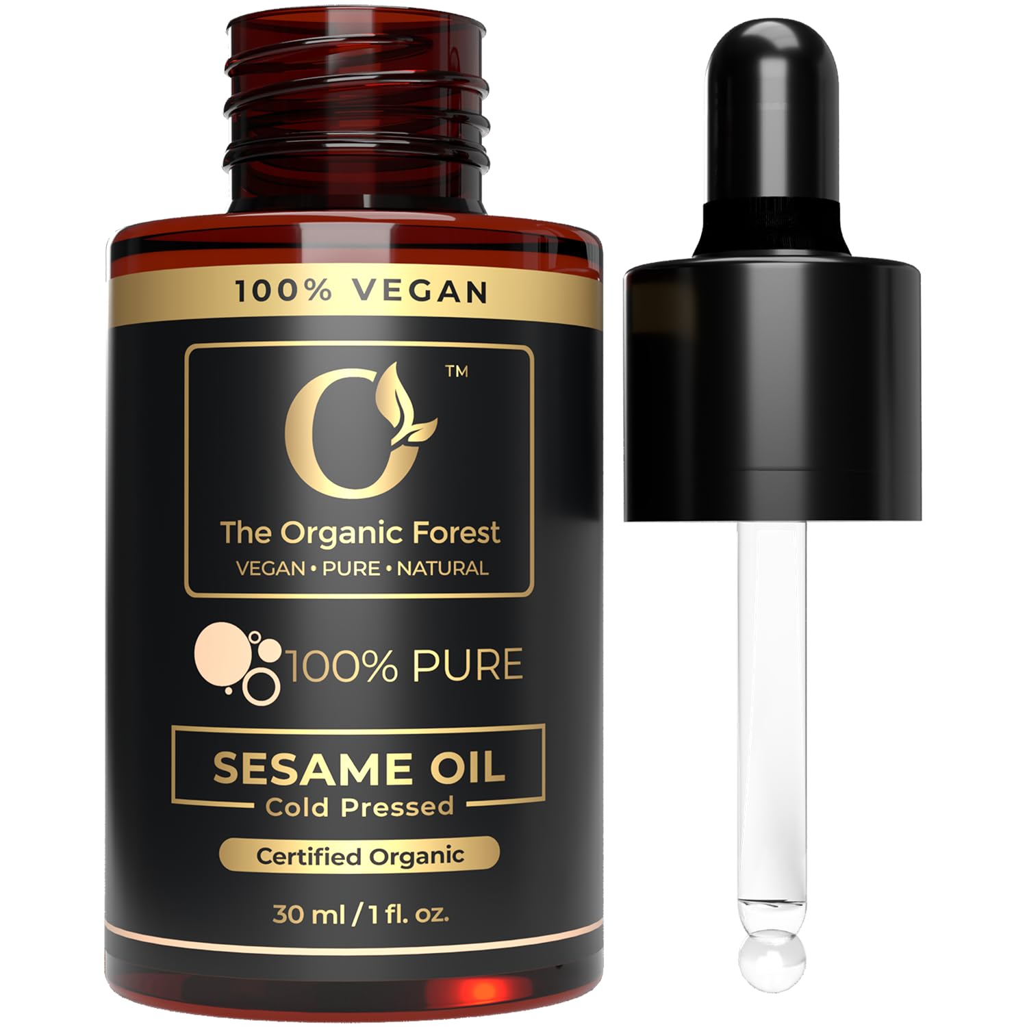 The Organic Forest Aceite de sésamo prensado en frío en botella para piel radiante.