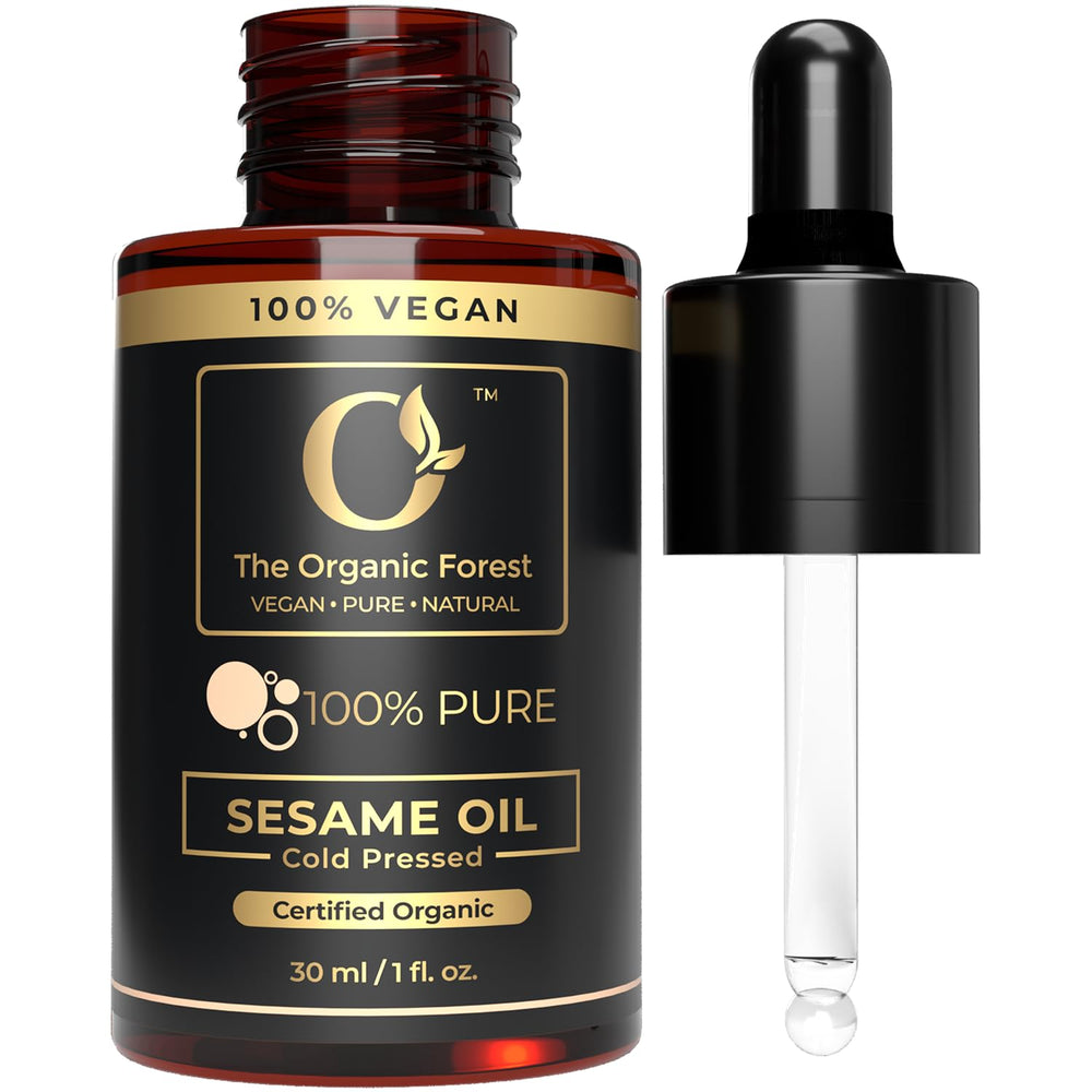 The Organic Forest Aceite de sésamo prensado en frío en botella para piel radiante.