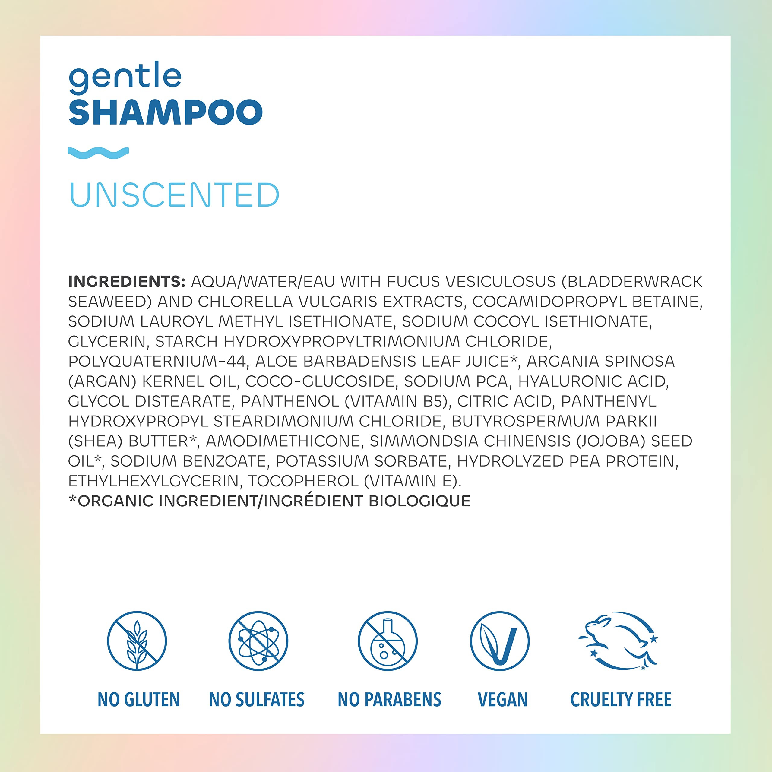 Seaweed Bath Co. champú suave sin fragancia, trasera: fórmula calmante