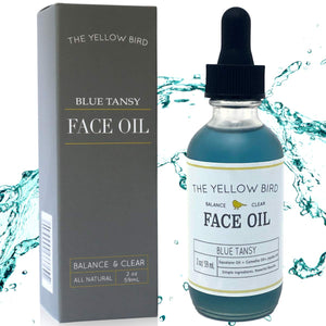 Aceite facial The Yellow Bird Balancing Blue Tansy, botella para uso diario.