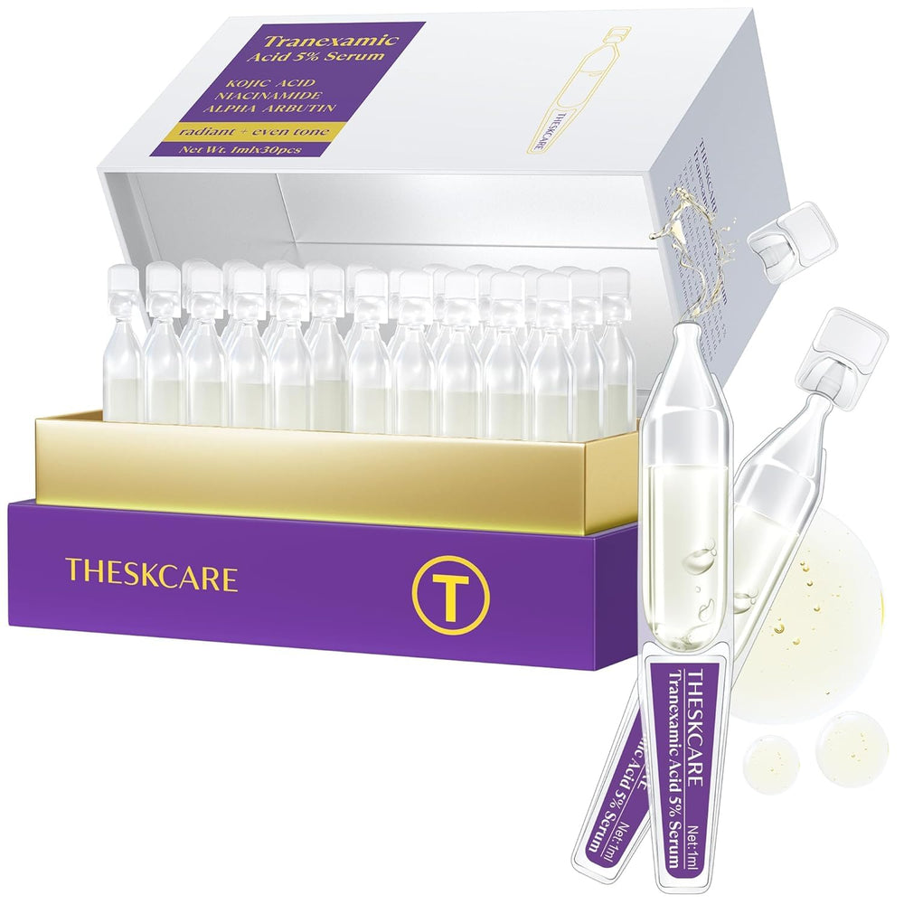 El sérum THESKCARE con 5% ácido tranexámico en botella oscura para tono uniforme.