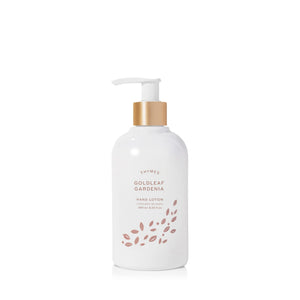 Loción de manos Thymes con dispensador dorado, ideal para hidratación diaria.