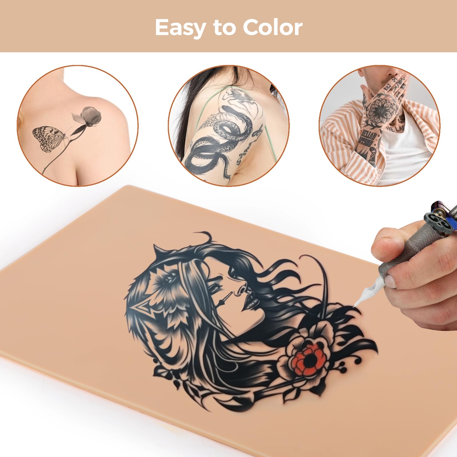 Tideme piel práctica para tatuaje, ideal para principiantes que aprenden líneas.