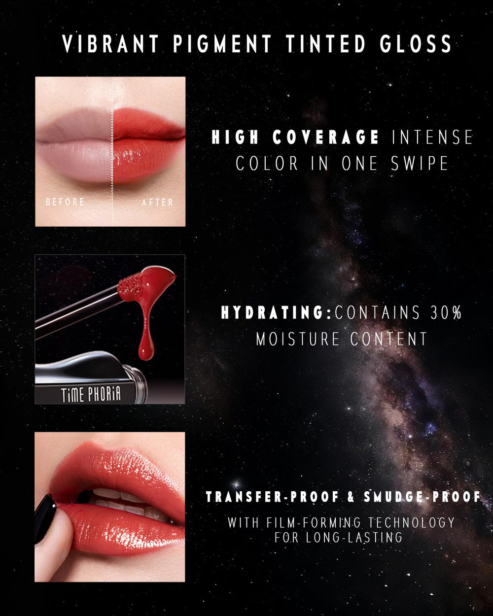 TIMEPHORIA Stellar Dust Lip Stain 17 Eros, color graduable para looks naturales o glamorosos.