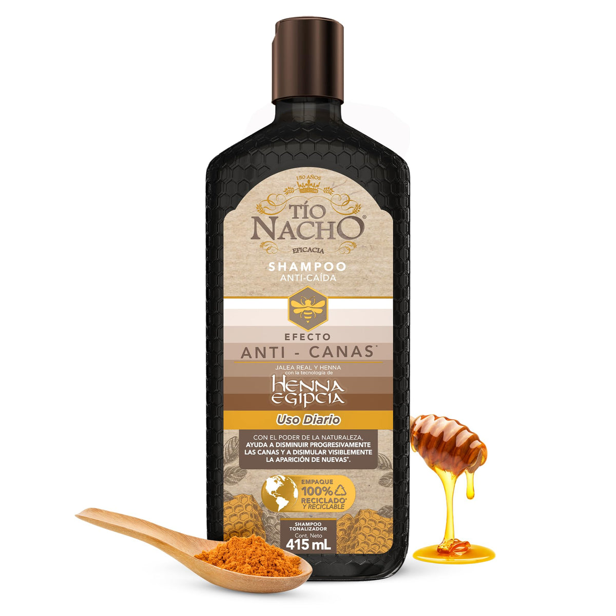 Tío Nacho Shampoo Henna Egipcia, botella, color gradual para canas.