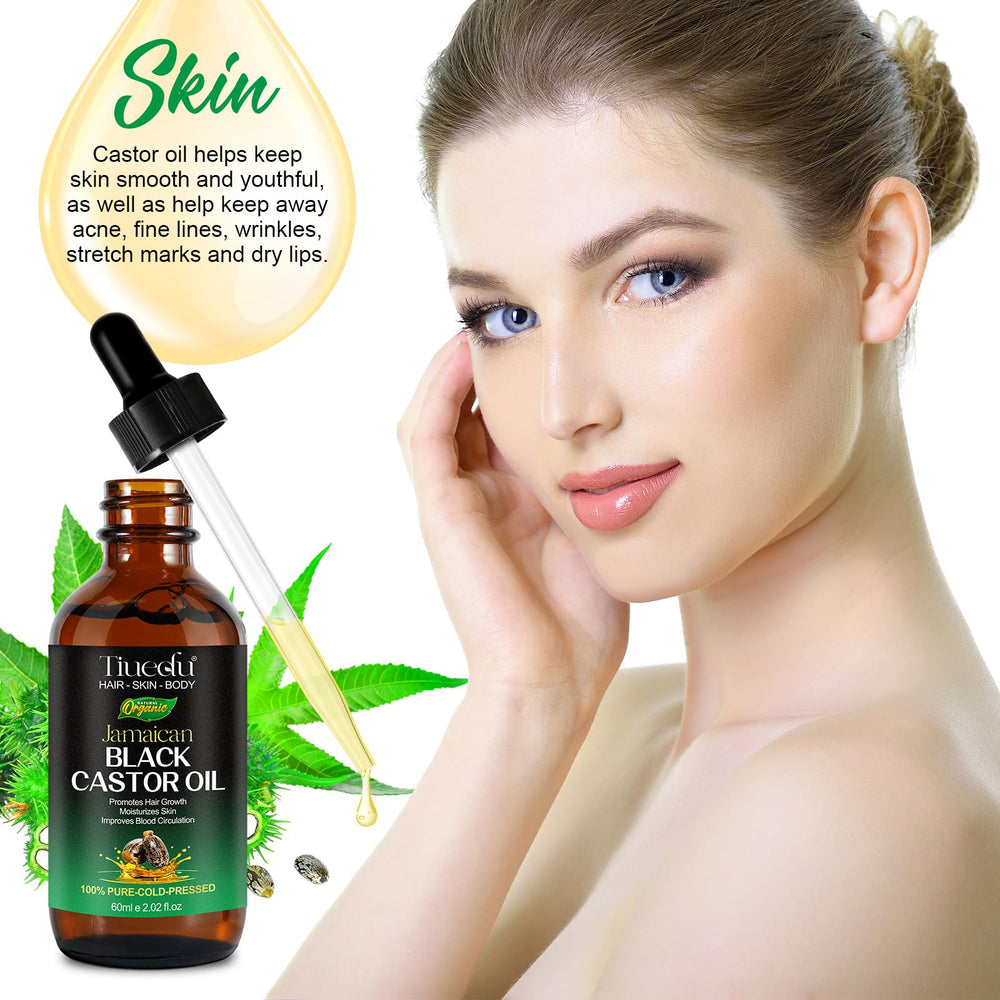 Cuidado de la piel y cuerpo con Tiuedu aceite ricino negro jamaicano.