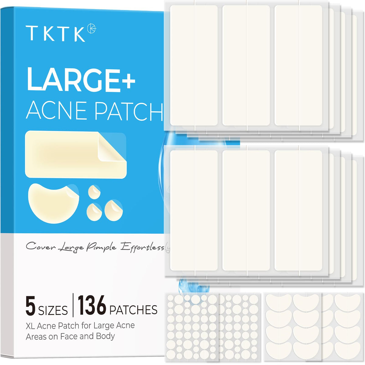 Parche TKTK para acné extra grandes cubre zonas amplias, ideal para brotes grandes.