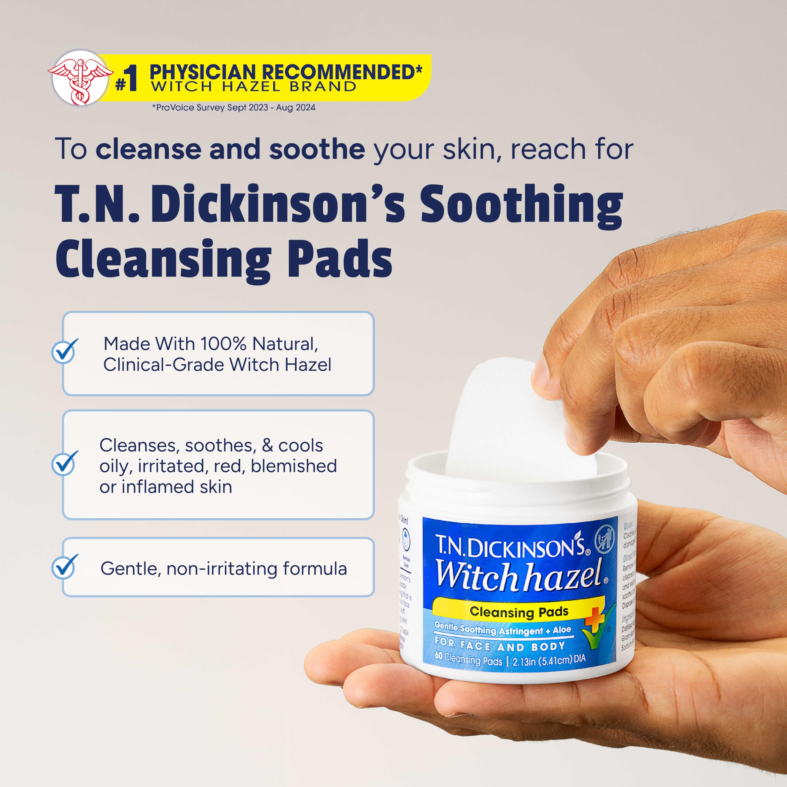 Discos sin tintes ni fragancias de T.N. Dickinson's, ideales para piel sensible.